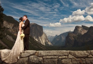 Bride and Groom at Tunnel View in Yosemite on their wedding day
